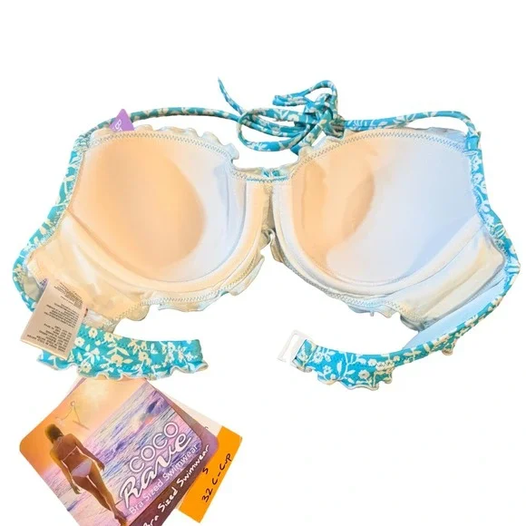 Coco Rave Pool Party 450 Floral Underwire Halter Bikini Top Blue White 32C NEW - Picture 3 of 7